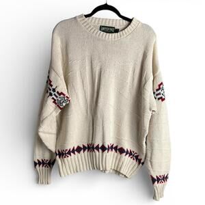 Vintage American Eagle Cream Knit Cotton Sweater with Geometric Pattern